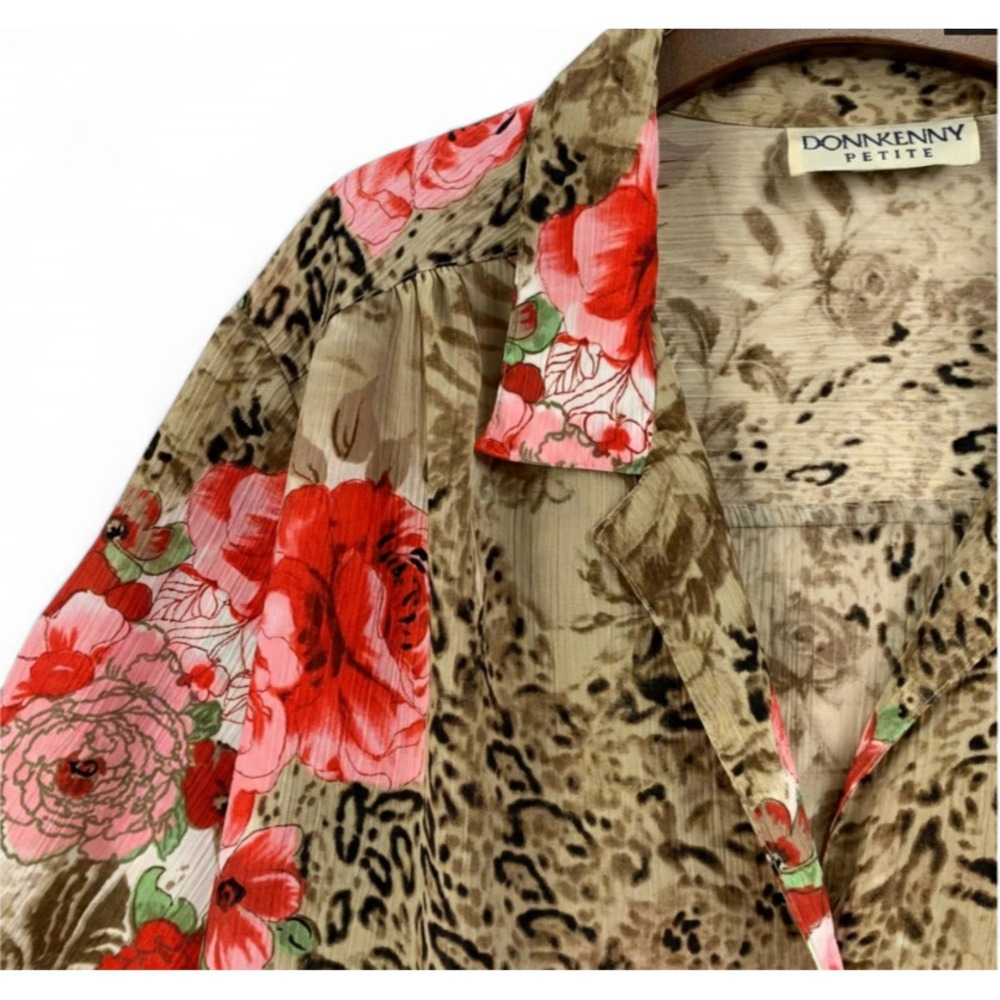 VTG DonnKenny SILKY BUTTON-UP SHIRT TOP Leopard & Pink/Red Roses Grannycore XL-P - Picture 2 of 4